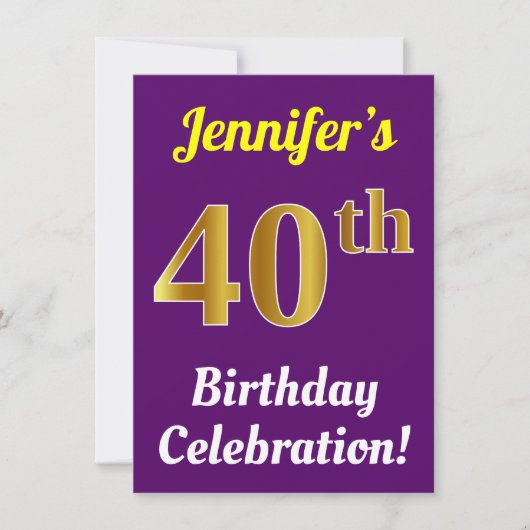 Invitation Purple, Faux Gold 40th Birthday Celebration + Nom (Devant)