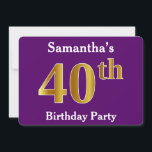 Invitation Purple, Faux Gold 40th Birthday Party; Nom personn<br><div class="desc">Cette conception d'invitation comporte le numéro ordinal "40ème" avec un aspect faux or. Il porte également un nom personnalisé et un arrière - plan de couleur violette. Les détails de l'événement sur le dos peuvent être personnalisés. Il pourrait être utilisé pour invitation des gens à la fête du quarantième anniversaire...</div>