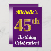 Invitation Purple, Faux Gold 45e anniversaire Célébration + N (Devant / Derrière)