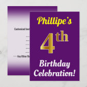 Invitation Purple, Faux Gold 4ème anniversaire Célébration +  (Devant / Derrière)