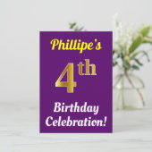 Invitation Purple, Faux Gold 4ème anniversaire Célébration +  (Debout devant)