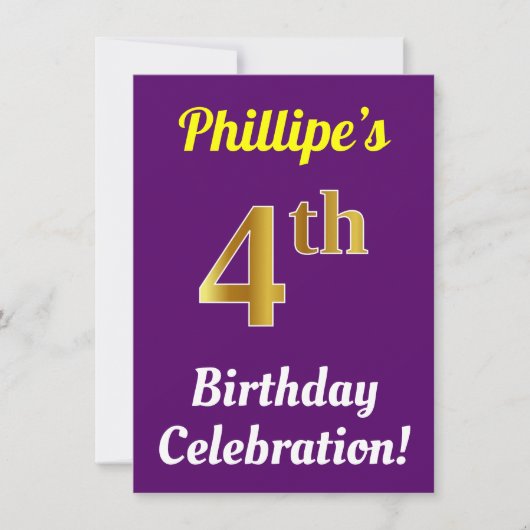 Invitation Purple, Faux Gold 4ème anniversaire Célébration +  (Devant)