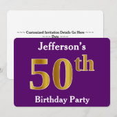 Invitation Purple, Faux Gold 50th Birthday Party; Nom personn (Devant / Derrière)