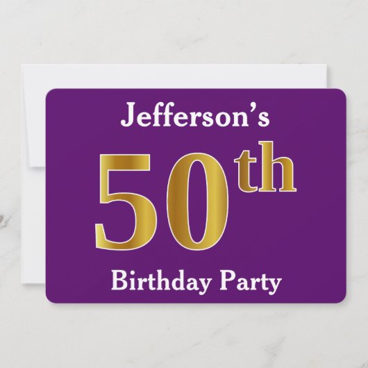 Invitation Purple, Faux Gold 50th Birthday Party; Nom personn (Devant)