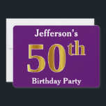 Invitation Purple, Faux Gold 50th Birthday Party; Nom personn<br><div class="desc">Cette conception d'invitation comporte le numéro ordinal "50th" avec un aspect faux or. Il comporte également un nom personnalisable et un arrière - plan de couleur violette. Les détails de l'événement sur le dos peuvent être personnalisés. Il pourrait être utilisé pour les invitations à la fête du cinquantième anniversaire de...</div>