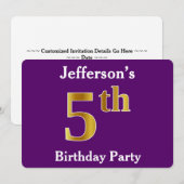 Invitation Purple, Faux Gold 5e fête d'anniversaire + Nom per (Devant / Derrière)