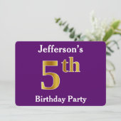 Invitation Purple, Faux Gold 5e fête d'anniversaire + Nom per (Debout devant)