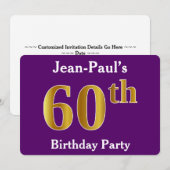 Invitation Purple, Faux Gold 60th Birthday Party; Nom personn (Devant / Derrière)