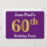 Invitation Purple, Faux Gold 60th Birthday Party; Nom personn<br><div class="desc">Cette conception d'invitation comporte le numéro ordinal "60ème" avec un aspect faux or. Il porte également un nom personnalisé et un arrière - plan de couleur violette. Les détails de l'événement sur le dos peuvent être customisés. Il pourrait être utilisé pour les invitations à la fête du soixantième anniversaire de...</div>