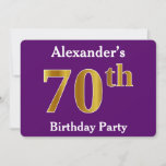 Invitation Purple, Faux Gold 70th Birthday Party; Nom personn<br><div class="desc">Ce design d'invitation comporte le numéro ordinal "70th" avec une apparence d'or. Il porte également un nom customisé et un arrière - plan de couleur violette. Les détails de l'événement sur le dos peuvent être customisés. Il pourrait être utilisé pour invitation des gens à la soixante-dixième fête d’anniversaire de quelqu’un....</div>