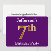 Invitation Purple, Faux Gold 7e fête d'anniversaire + Nom per (Devant / Derrière)
