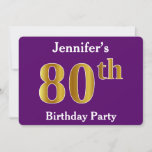 Invitation Purple, Faux Gold 80th Birthday Party; Nom personn<br><div class="desc">Cette conception d'invitation comporte le numéro ordinal "80e" avec un aspect faux or. Il comporte également un nom personnalisé et un arrière - plan de couleur violette. Les détails de l'événement sur le dos peuvent être customisés. Il pourrait être utilisé pour les invitations à la fête du quatre-vingtième anniversaire de...</div>