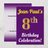 Invitation Purple, Faux Gold 8e anniversaire Célébration + No (Devant / Derrière)