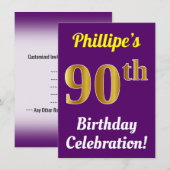 Invitation Purple, Faux Gold 90e anniversaire Célébration + N (Devant / Derrière)