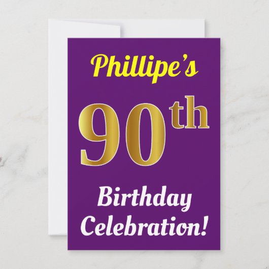 Invitation Purple, Faux Gold 90e anniversaire Célébration + N (Devant)