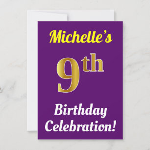 Invitation Purple, Faux Gold 9e fête d'anniversaire + Nom