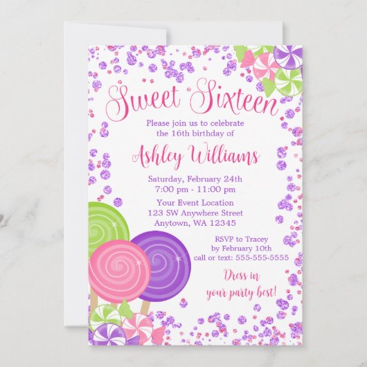 Invitation Purple Faux Parties scintillant bonbon thème Sweet (Devant)