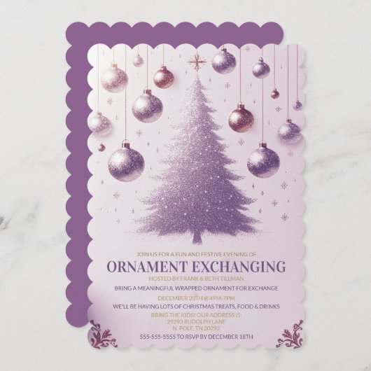 Invitation Purple Festive Noël Ornament Party d'échange (Devant / Derrière)
