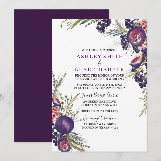 Invitation Purple Fig Aquarelle Floral Mariage Inviter (Devant / Derrière)
