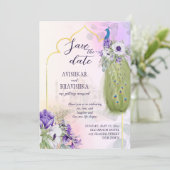 Invitation Purple fleurs paon enregistrer la date (Debout devant)