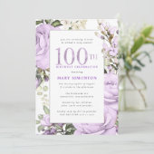 Invitation Purple Floral 100e fête d'anniversaire (Debout devant)