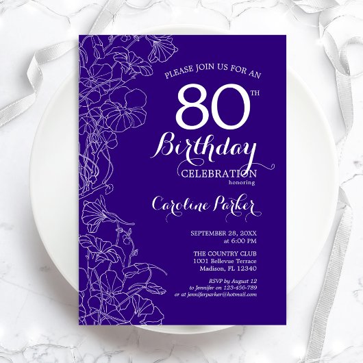 Invitation Purple Floral 80e fête d'anniversaire