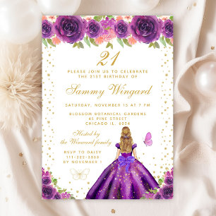 Invitation Purple Floral Blonde Cheveux Princess Anniversaire