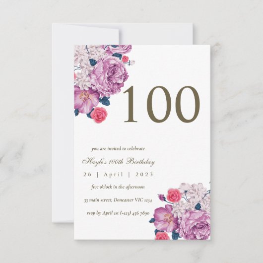 Invitation Purple Floral Botanical Simple Chic 100e anniversa (Devant)