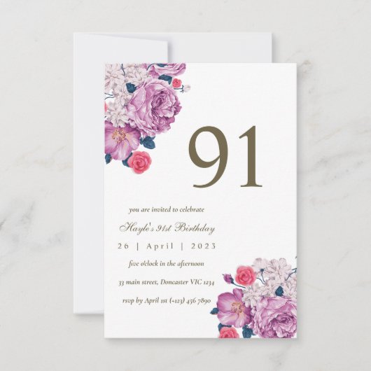 Invitation Purple Floral Botanical Simple Chic 91e anniversai (Devant)