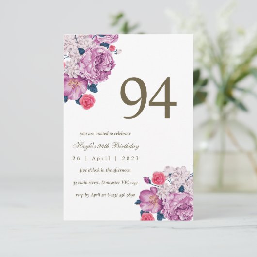 Invitation Purple Floral Botanical Simple Chic 94e anniversai (Debout devant)
