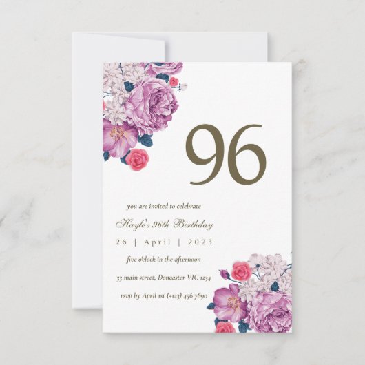 Invitation Purple Floral Botanical Simple Chic 96e anniversai (Devant)