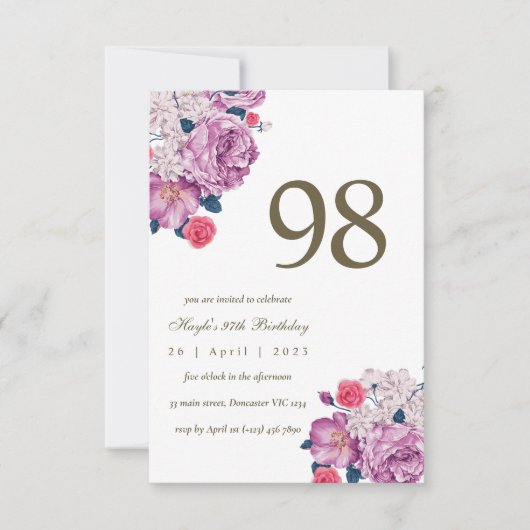Invitation Purple Floral Botanical Simple Chic 98e anniversai (Devant)