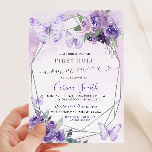 Invitation Purple Floral Butterfly Girl première sainte commu