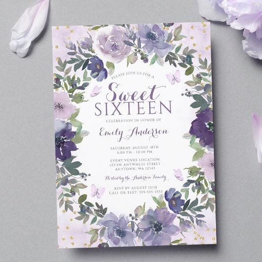 Invitation Purple Floral Butterfly Gold Sweet 16