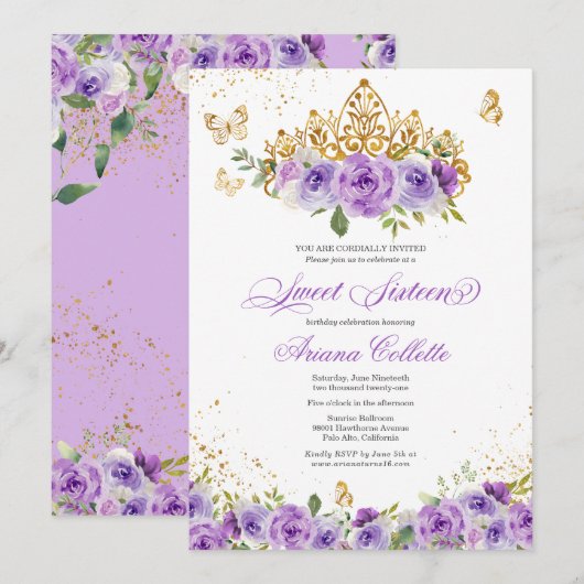 Invitation Purple Floral & Butterfly Sweet 16 Anniversaire (Devant / Derrière)