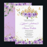 Invitation Purple Floral & Butterfly Sweet 16 Anniversaire<br><div class="desc">invitation sweet sixteen dans les tons violets lilas et lavande avec des papillons dorés et une belle tiare. Visitez le magasin pour plus de variations y compris les filles en robes avec différents tons de peau et combinaisons de couleurs. Aussi une version Quinceanera de ce design.</div>