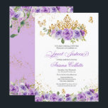 Invitation Purple Floral & Butterfly Sweet 16 Anniversaire<br><div class="desc">invitation sweet sixteen dans les tons violets lilas et lavande avec des papillons dorés et une belle tiare. Visitez le magasin pour plus de variations y compris les filles en robes avec différents tons de peau et combinaisons de couleurs. Aussi une version Quinceanera de ce design.</div>