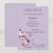 Invitation Purple Floral Cat Birthday   (Devant / Derrière)