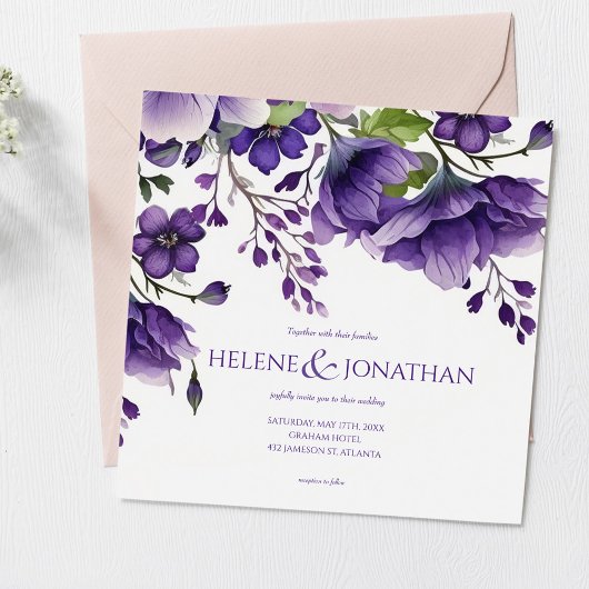 Invitation Purple Floral Chic Moderne Élégant Mariage Boho