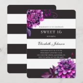 Invitation Purple floral doux 16. Anniversaire noir et blanc (Devant / Derrière)