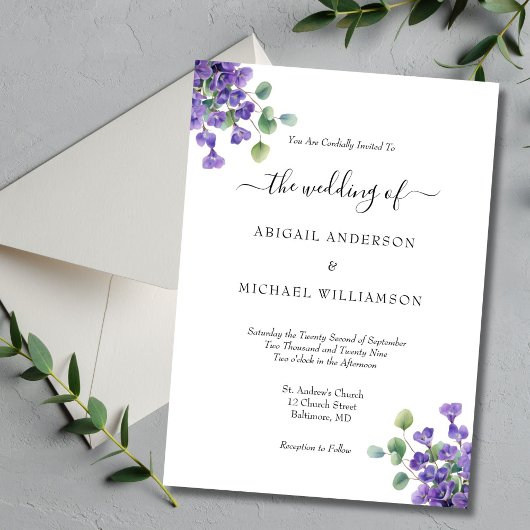 Invitation Purple Floral Eucalyptus Verdure Mariage élégant