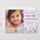 Invitation Purple Floral Fairy First QR Code Photo Birthday (Devant)