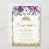Invitation Purple Floral Faux Gold Parties scintillant Tiara  (Devant)