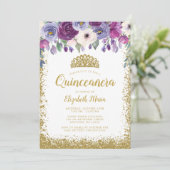 Invitation Purple Floral Faux Gold Parties scintillant Tiara  (Debout devant)