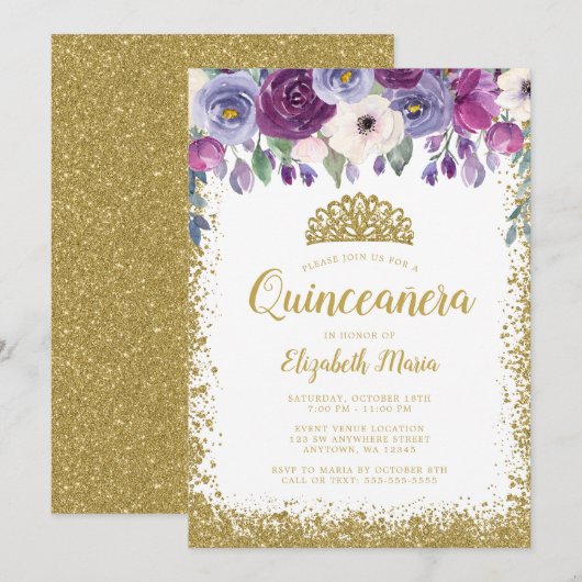 Invitation Purple Floral Faux Gold Parties scintillant Tiara  (Devant / Derrière)