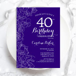 Invitation Purple Floral fête du 40e anniversaire<br><div class="desc">Invitation à la fête du 40e anniversaire de Floral violet. Design moderne minimaliste avec accents de dessin botanique et police de script de typographie. Carte invitation simple et tendance, parfaite pour une célébration anniversaire élégante. Peut être customisé à n'importe quel âge. Invitations Zazzle imprimées ou téléchargement instantané modèle imprimable numérique....</div>