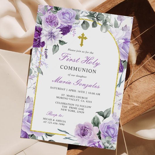 Invitation Purple Floral Fille Première Sainte Communion