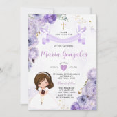 Invitation Purple Floral Fille Première Sainte Communion Croi (Devant)