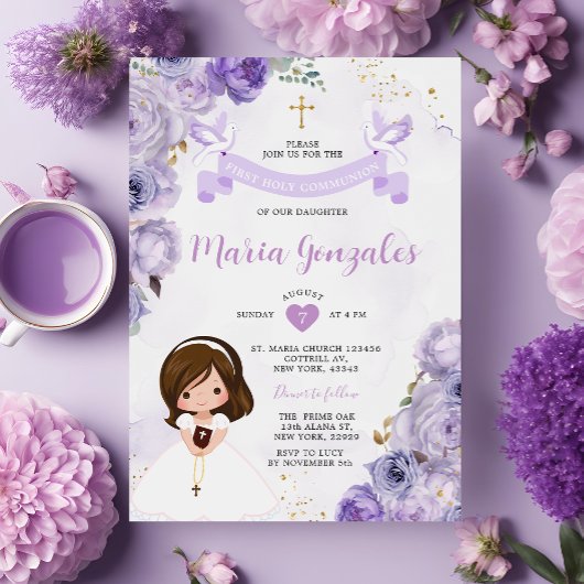 Invitation Purple Floral Fille Première Sainte Communion Croi