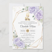 Invitation Purple Floral First Holy Communion Gold Chalice (Devant)